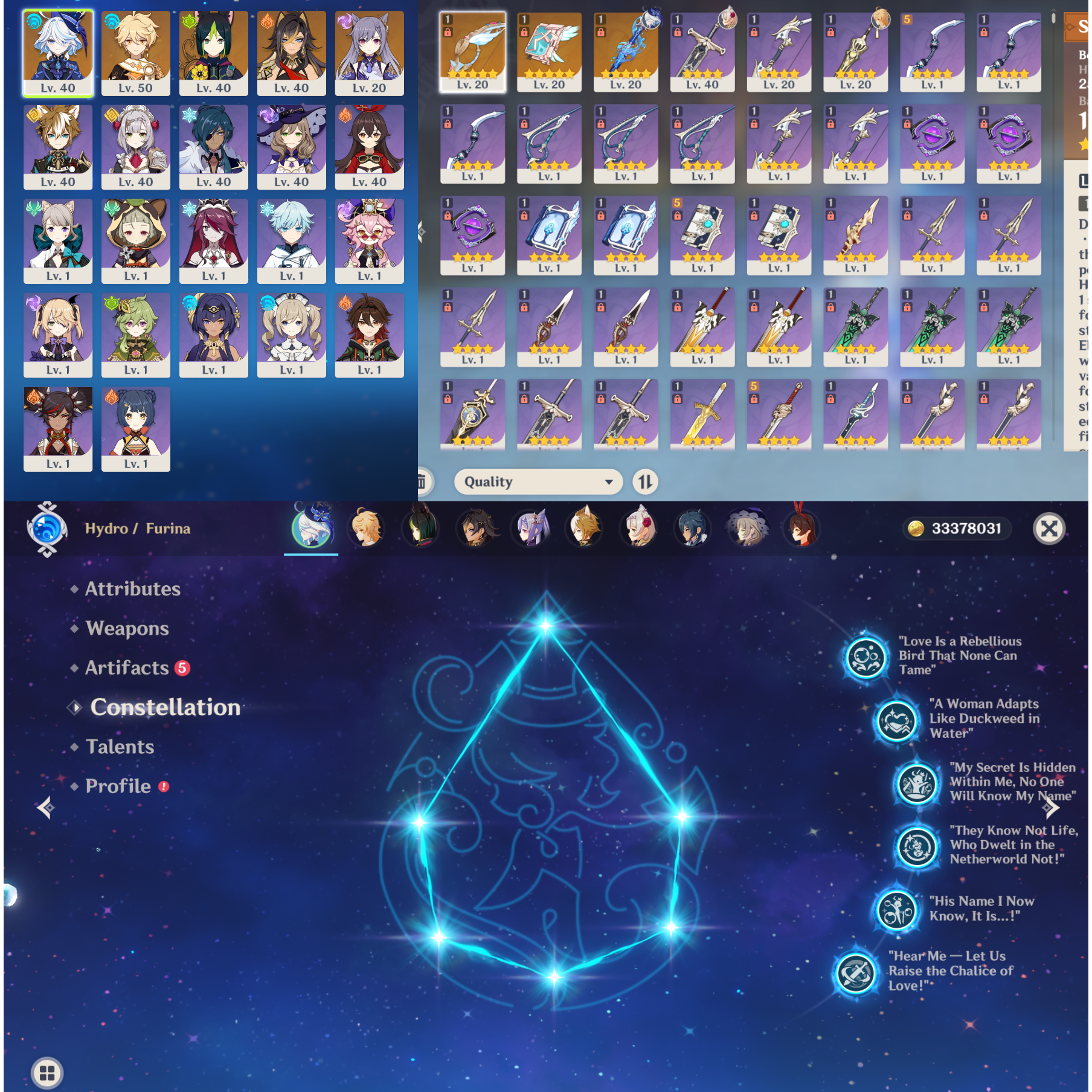 Compte Genshin Impact EU AR51 - Furina C1 + Arme R1 + Personnages 5★ Et 4★