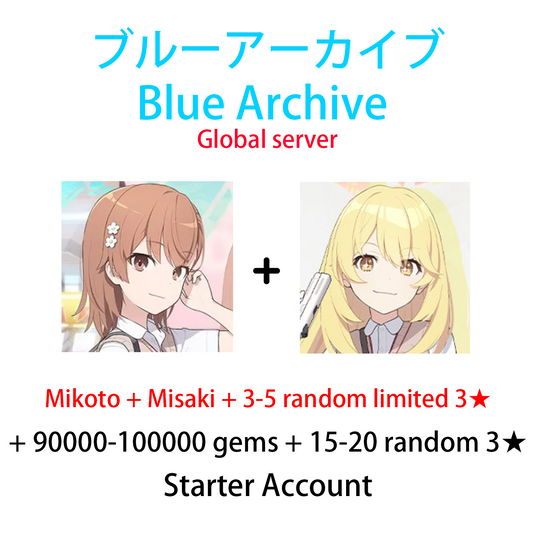 [GLOBAL]  Mikoto + Misaki + 3-5 random limited 3★ + 90000-100000 gems + 15-20 random 3★ Blue Archive Railgun Starter Account