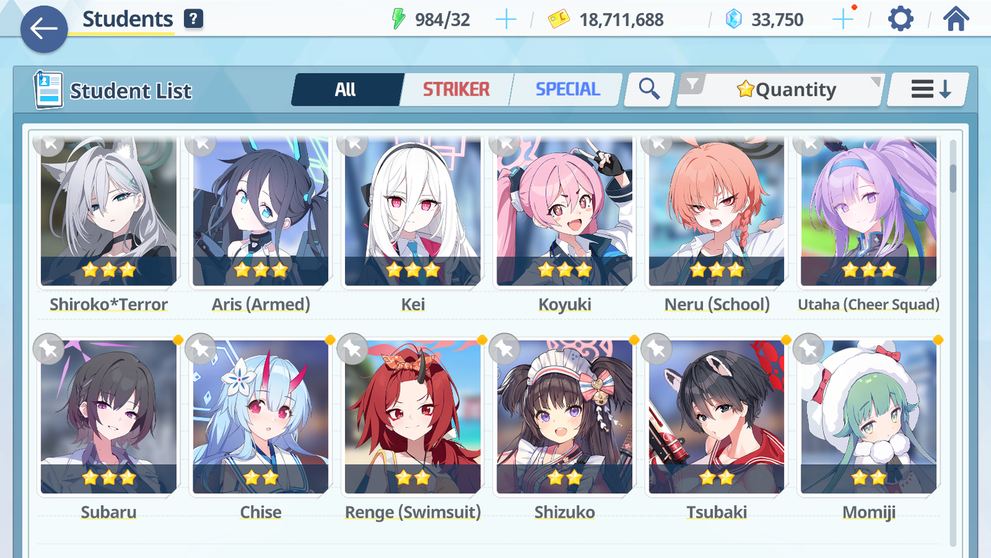 [GLOBAL/NA] [INSTANT] 5 limited 19x3* Kei Aris Shiroko terror Hoshino Neru + 33k Pyroxene gems Blue Archive Starter Account