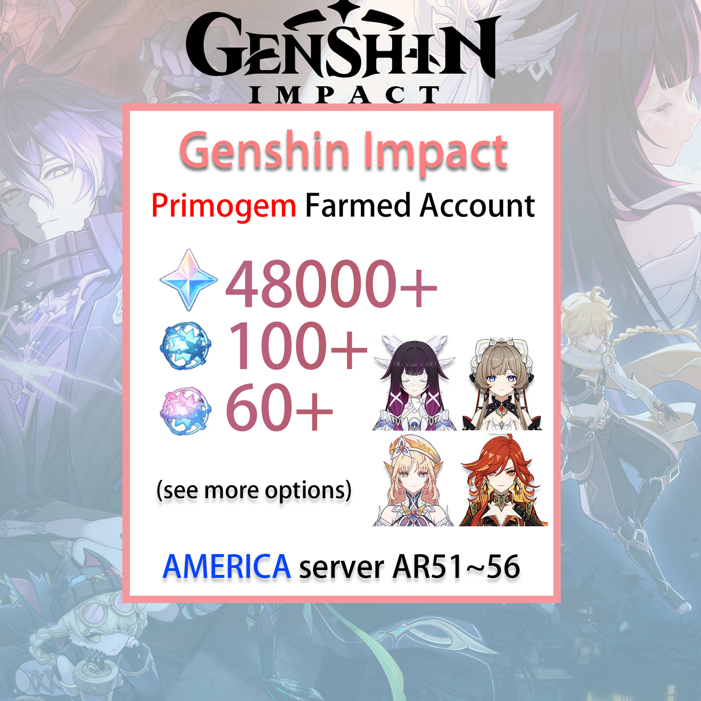 [NA/America] Characters + 48000-60000 primogems | Wishes Genshin Impact Starter Farmed Account (see options)