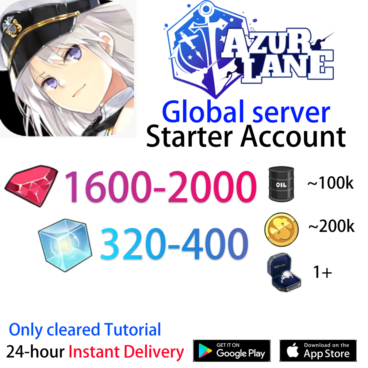 [EN] [INSTANT] 1600-2000 Gems + 320-400 Wisdom Cubes Azur Lane GLOBAL English Starter Account-Mobile Games Starter