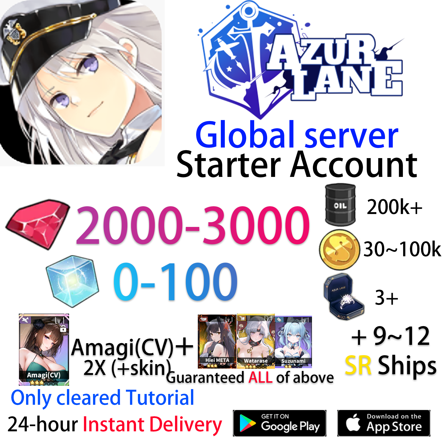 [EN] [INSTANT] 2X UR Amagi (CV) +skin +SR +Gems Azur Lane GLOBAL English Starter Account-Mobile Games Starter
