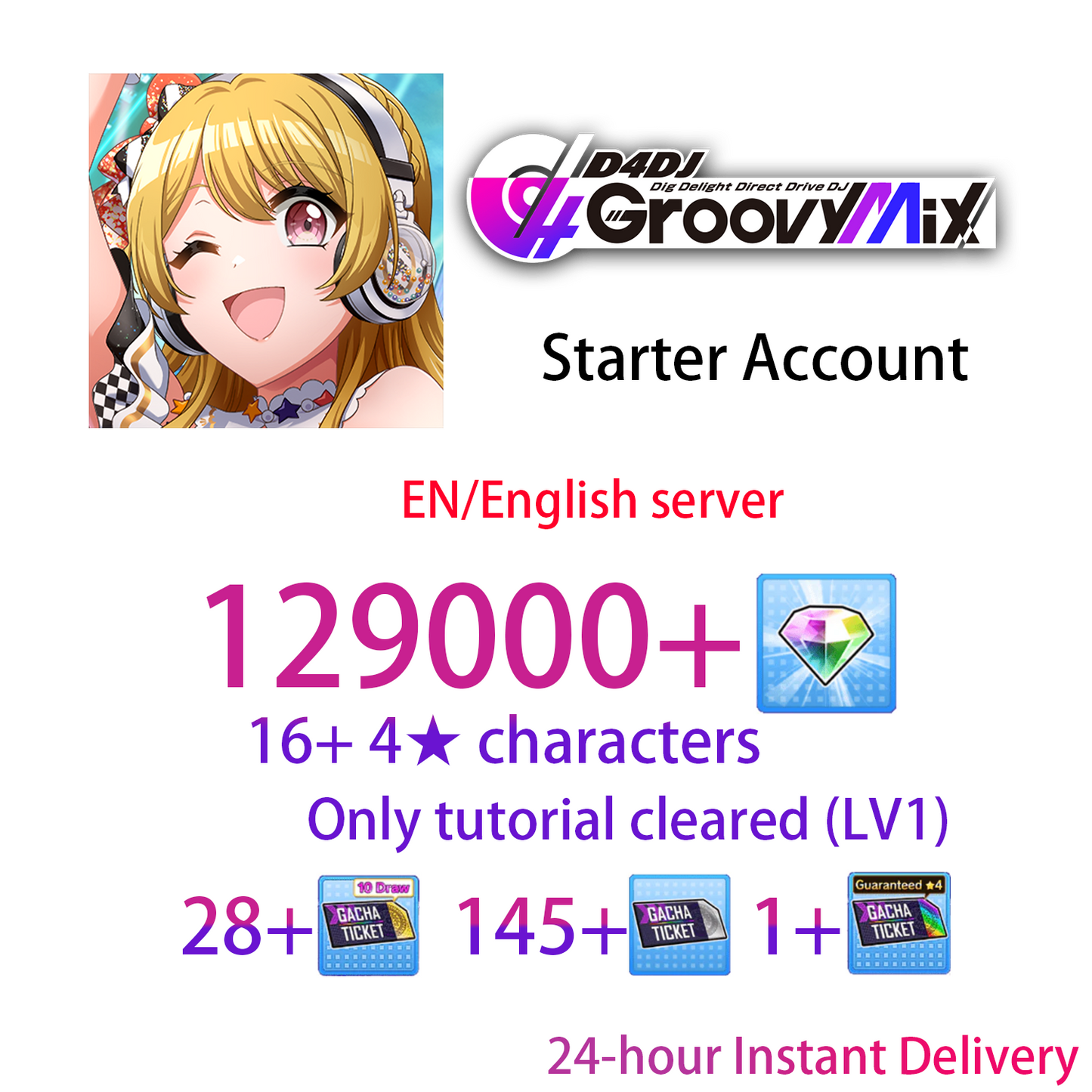 [EN][INSTANT] 128000+ gems & 14+ 4★ D4DJ Groovy Mix Starter Account (see options)-Mobile Games Starter