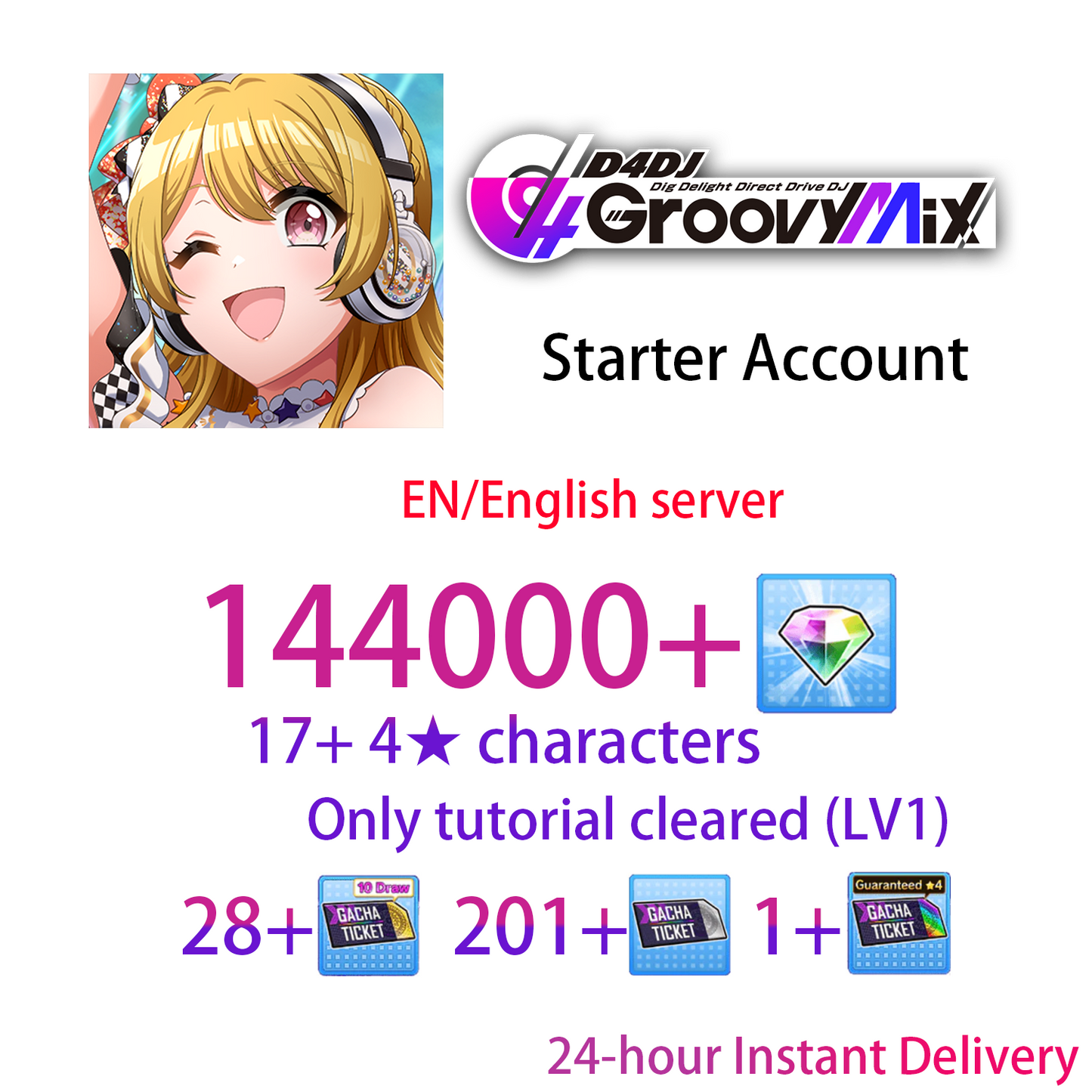 [EN][INSTANT] 144000+ gems & 17+ 4★ D4DJ Groovy Mix Starter Account (see options)-Mobile Games Starter