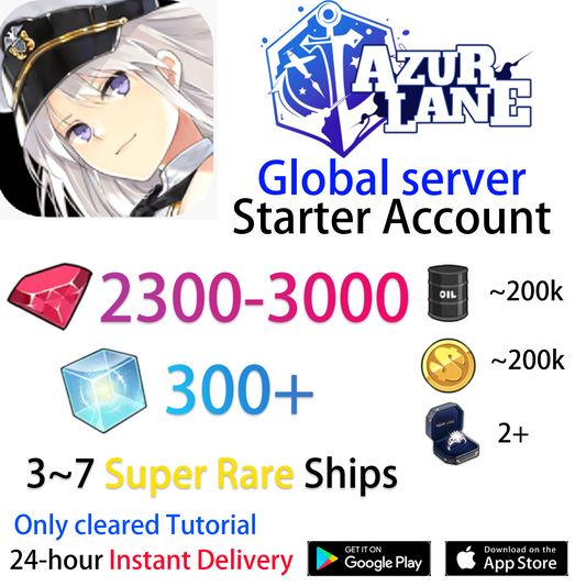 [EN][INSTANT] 2300-3000 Gems + Wisdom Cubes + 3~7SR + Rings Azur Lane GLOBAL English Starter Account-Mobile Games Starter