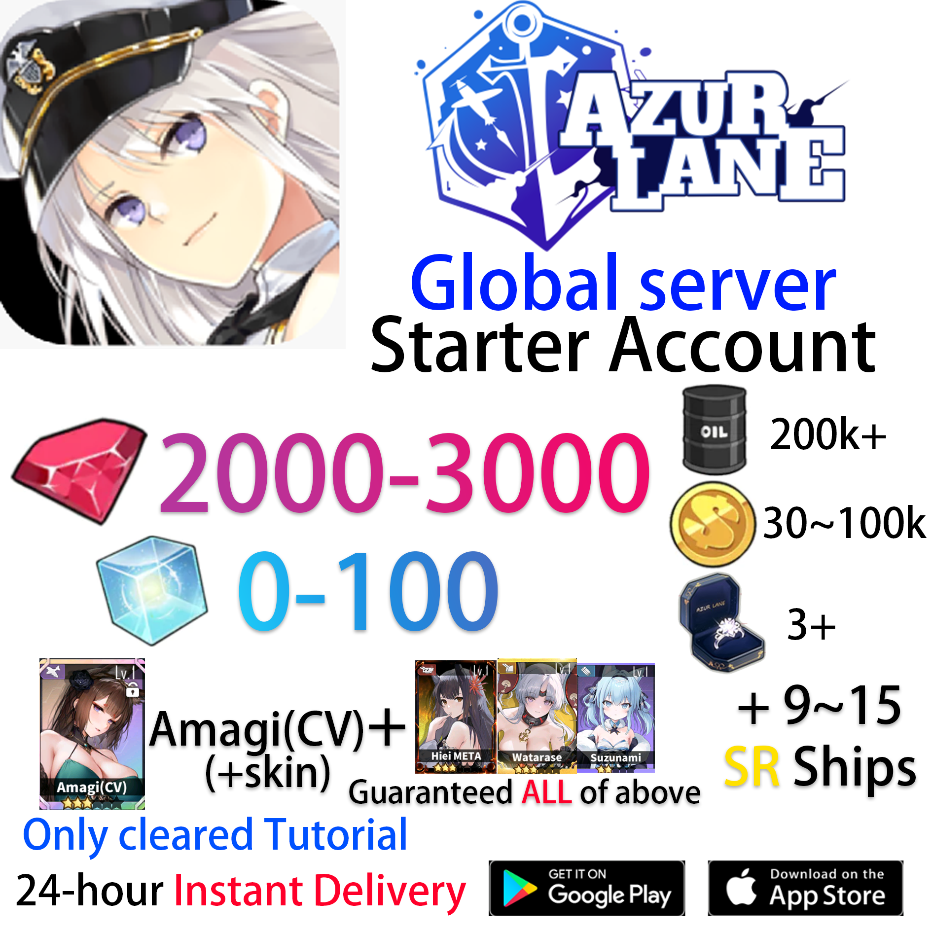 [EN][INSTANT] UR Amagi (CV) X2 +skin +Meta Hiei +Gems Azur Lane GLOBAL English Starter Account-Mobile Games Starter