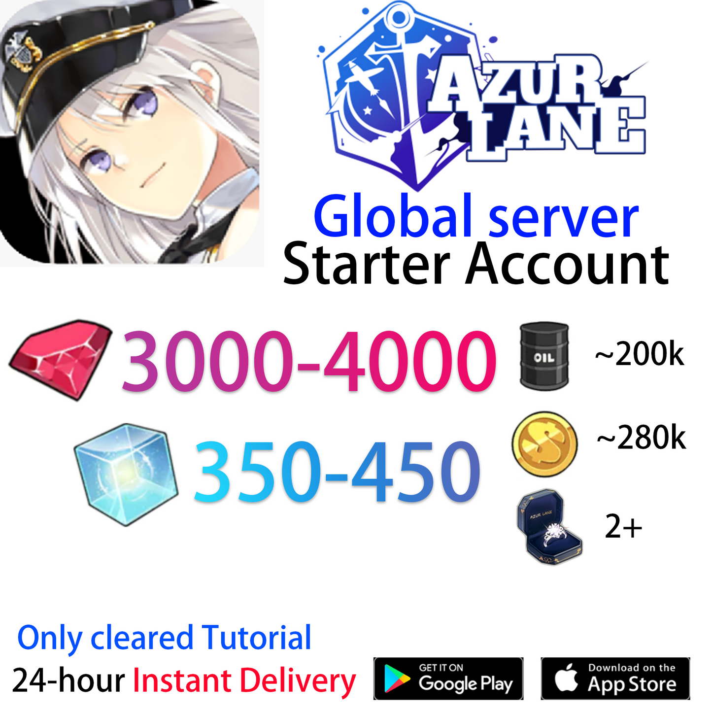 [EN][INSTANT] 3000-4000 Gems + 350-450 Wisdom Cubes +Rings Azur Lane GLOBAL English Starter Account-Mobile Games Starter