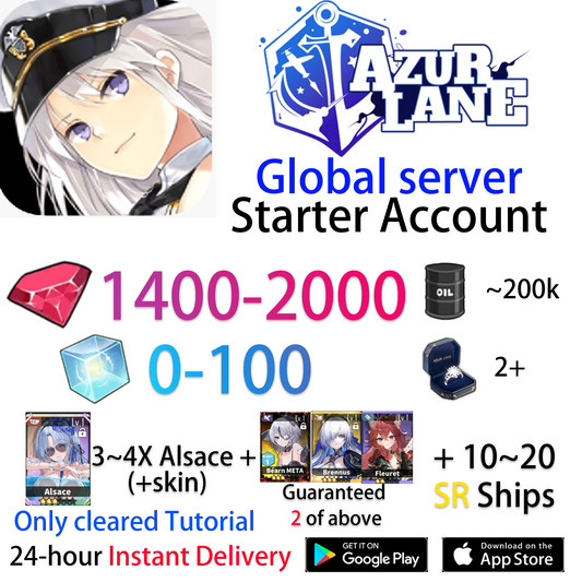 [EN][INSTANT] 3~4 UR Alsace(+skin) + 10~20SR + 1400-2000 Gems Azur Lane GLOBAL English Starter Account-Mobile Games Starter