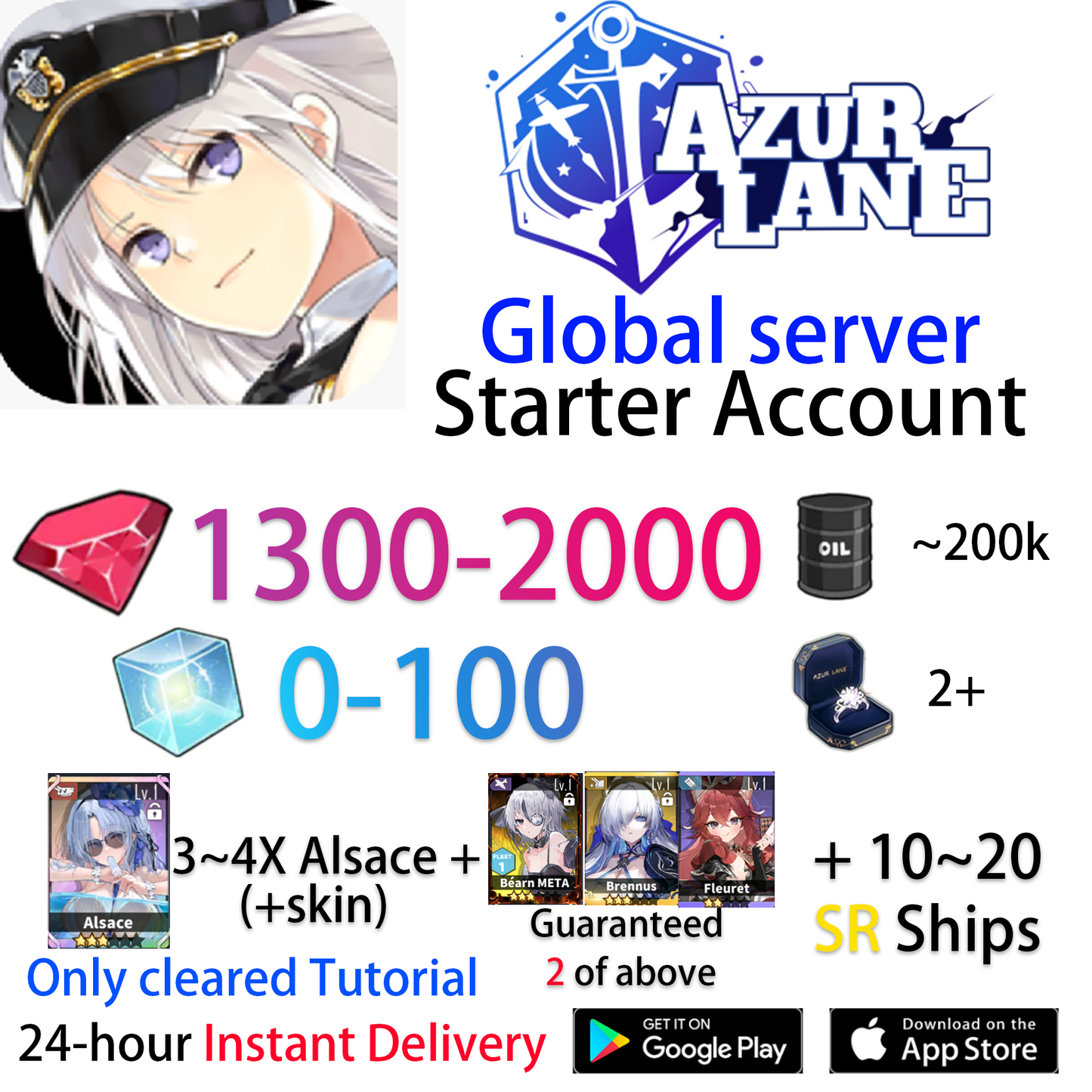 [EN][INSTANT] 3~4X UR Alsace(+skin) + 10~20SR + 1300-2000 Gems Azur Lane GLOBAL English Starter Account-Mobile Games Starter