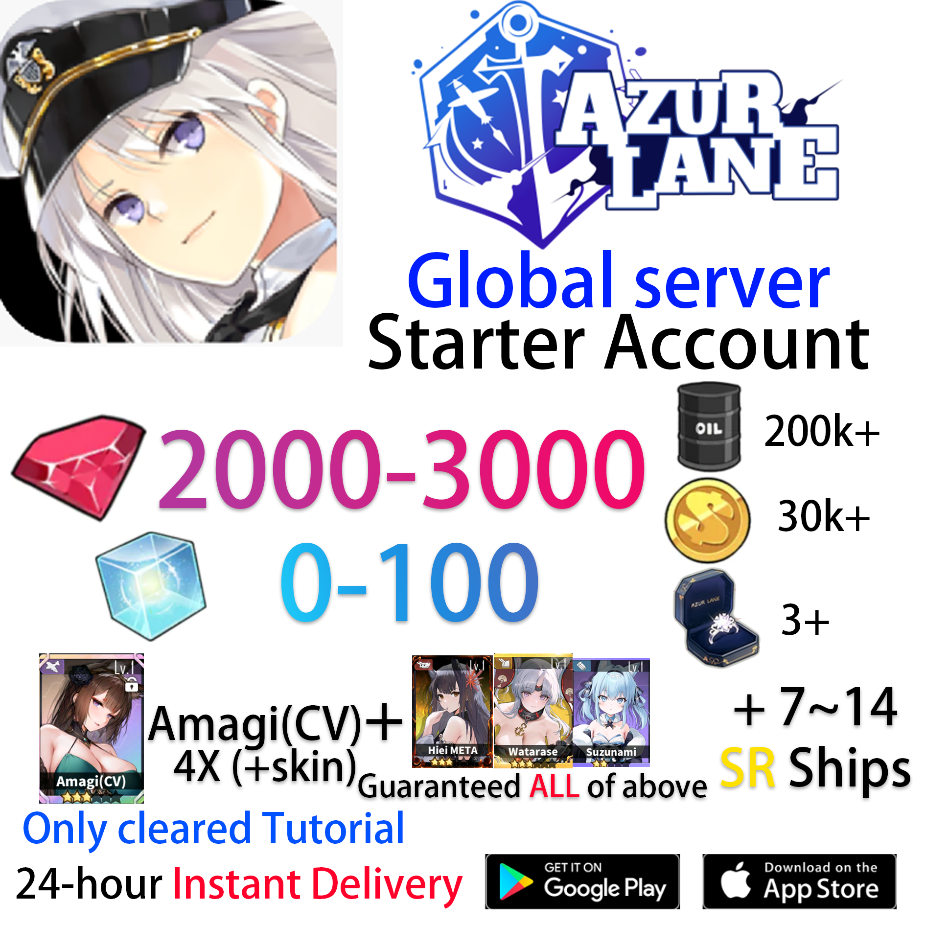 [EN][INSTANT] 4X UR Amagi (CV) +skin +SR +Gems +Cubes Azur Lane GLOBAL English Starter Account-Mobile Games Starter