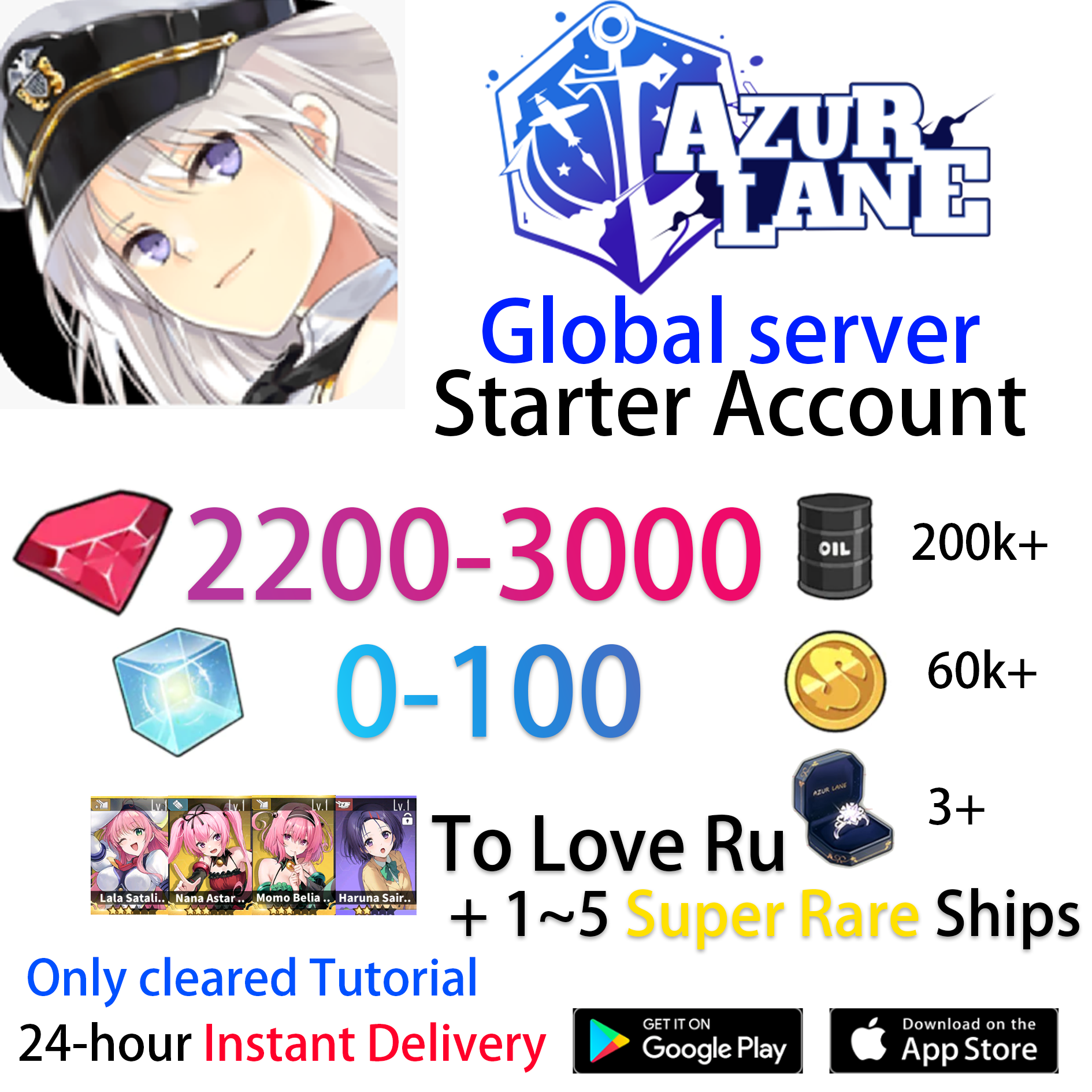 [EN][INSTANT] Momo Lala Nana Haruna To Love Ru +Gems Azur Lane GLOBAL English Starter Account-Mobile Games Starter
