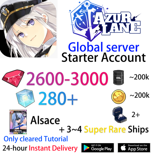 [EN][INSTANT] UR Alsace+ 3~4SR + 2600-3000 Gems + Wisdom Cubes Azur Lane GLOBAL English Starter Account-Mobile Games Starter