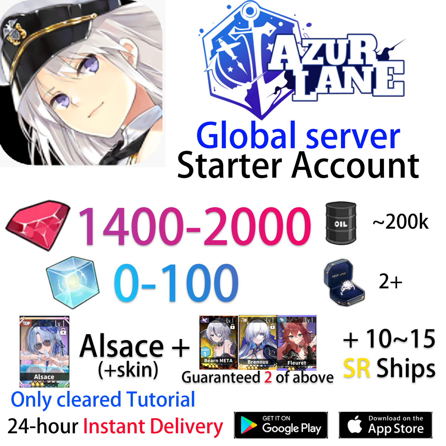 [EN][INSTANT] UR Alsace(+skin) + 10~15SR + 1400-2000 Gems Azur Lane GLOBAL English Starter Account-Mobile Games Starter