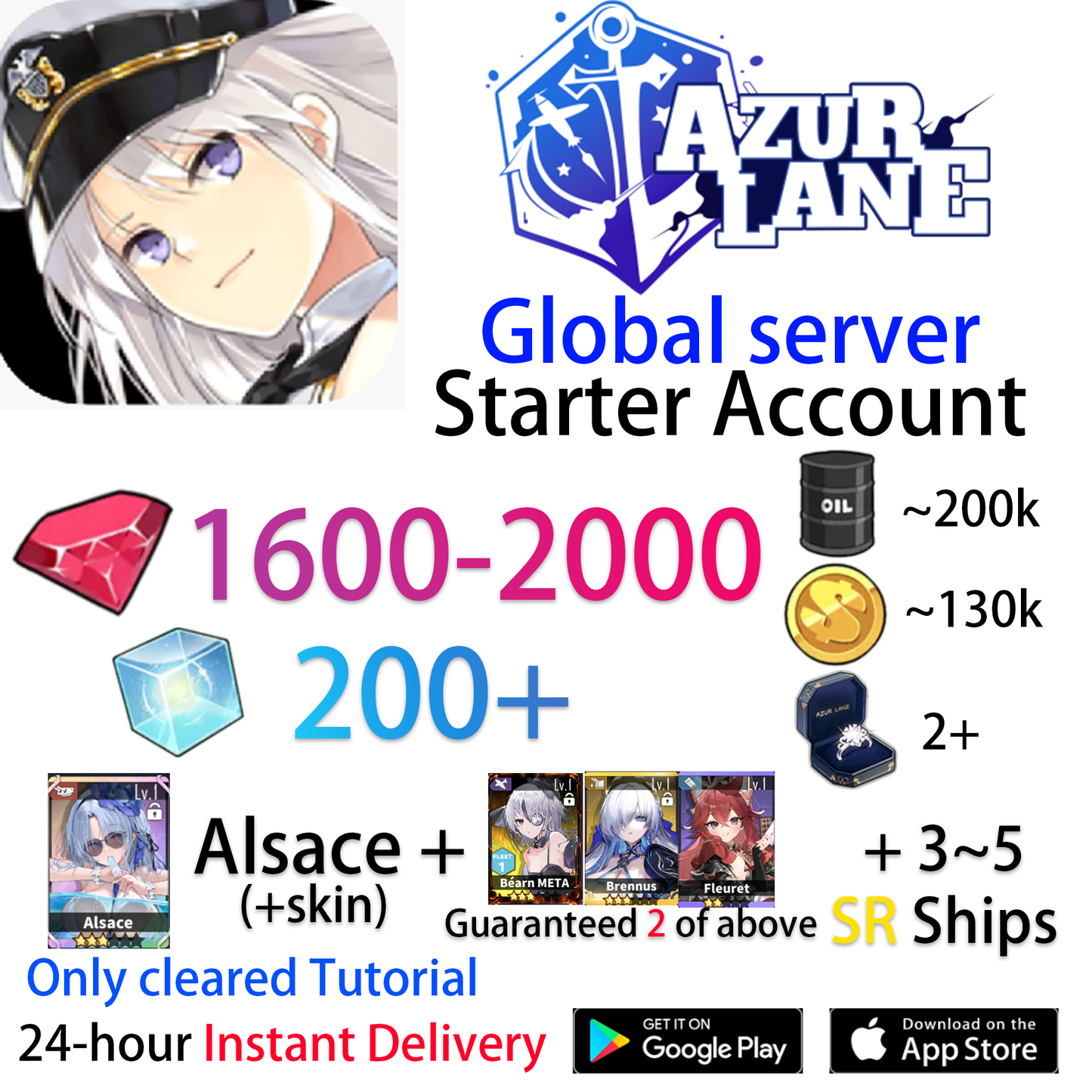 [EN][INSTANT] UR Alsace(+skin) + Gems/Cubes Azur Lane GLOBAL English Starter Account-Mobile Games Starter