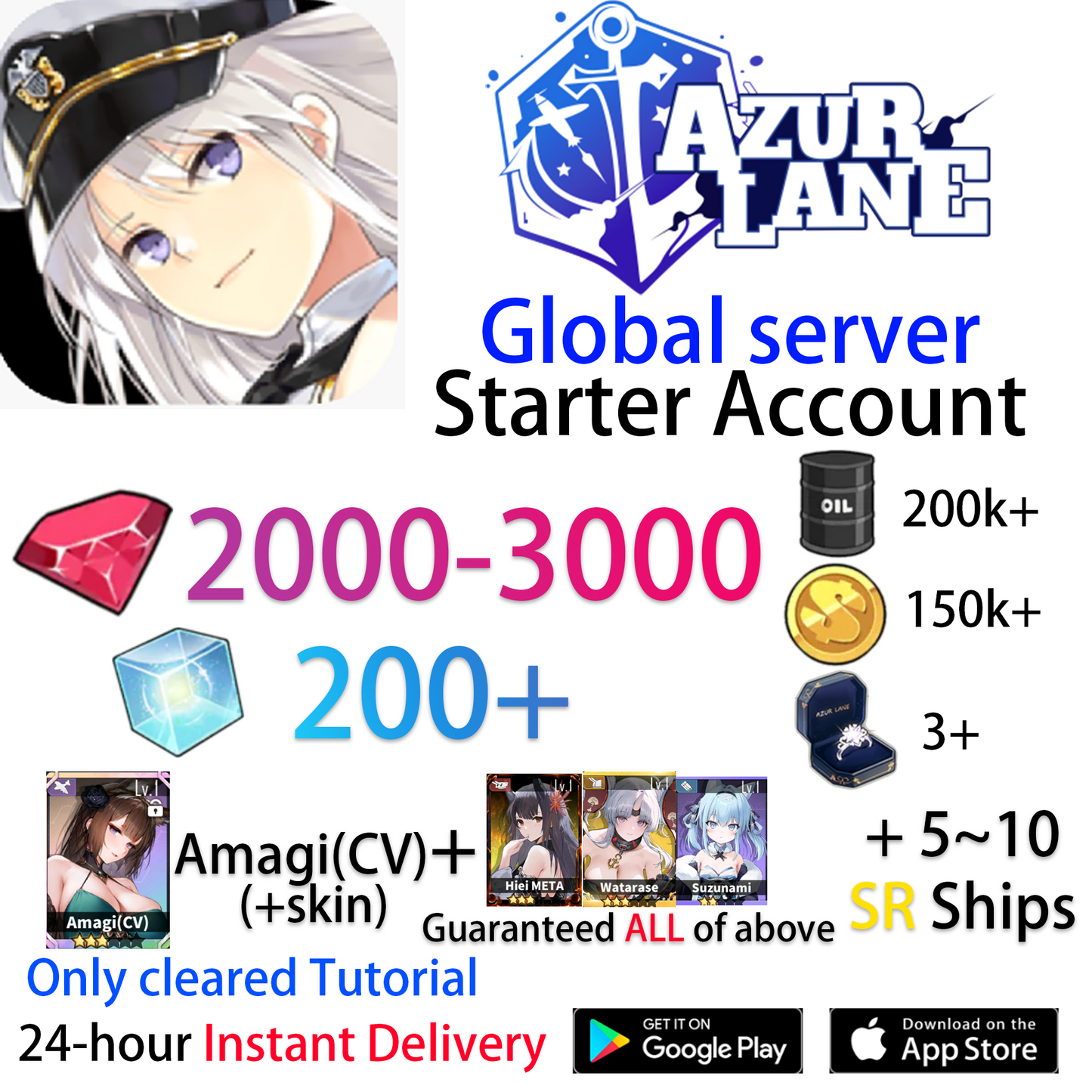 [EN][INSTANT] UR Amagi (CV) +skin +Hiei Meta +Gems +Cubes Azur Lane GLOBAL English Starter Account-Mobile Games Starter