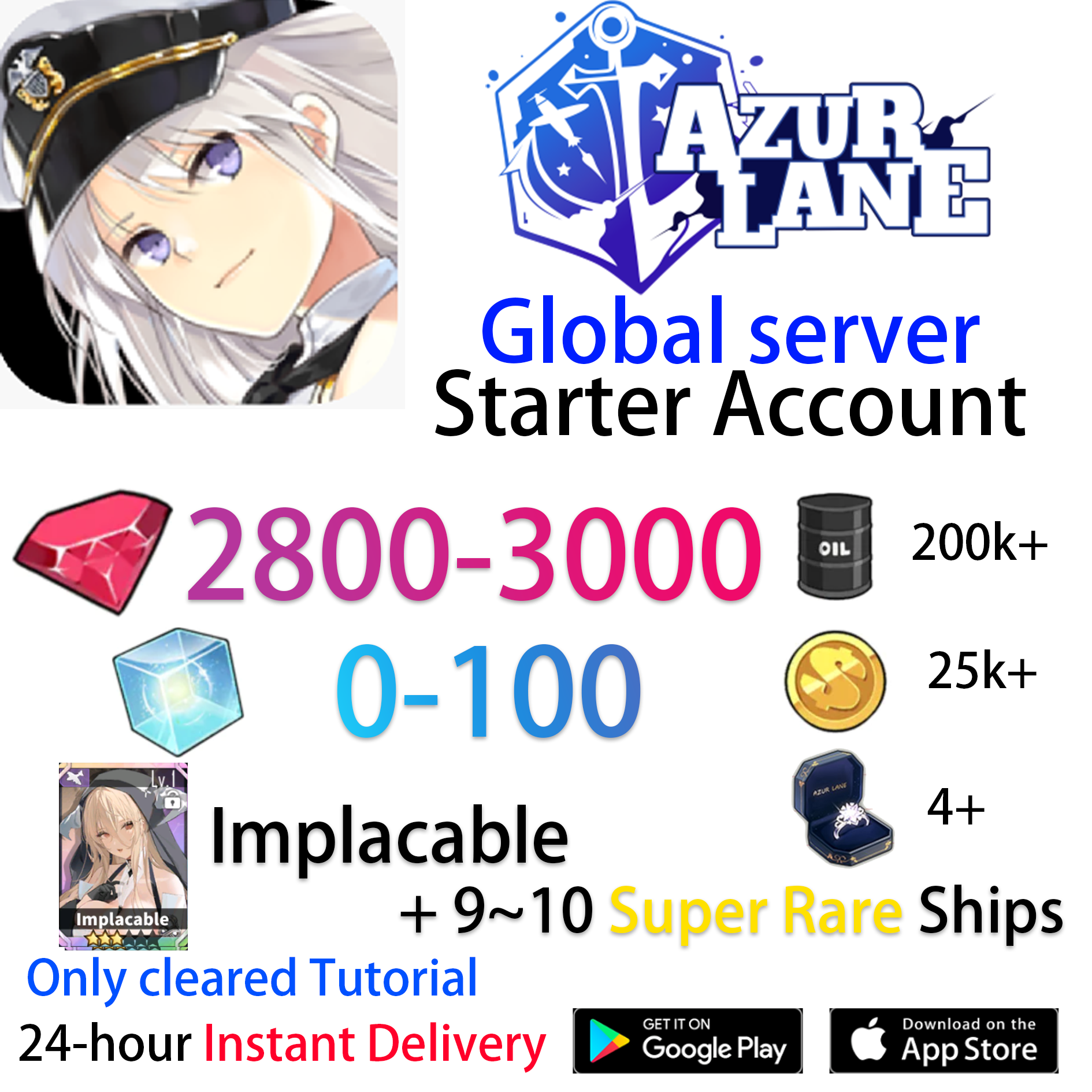 [EN][INSTANT] UR Implacable +Gems +Cubes Azur Lane GLOBAL English Starter Account-Mobile Games Starter
