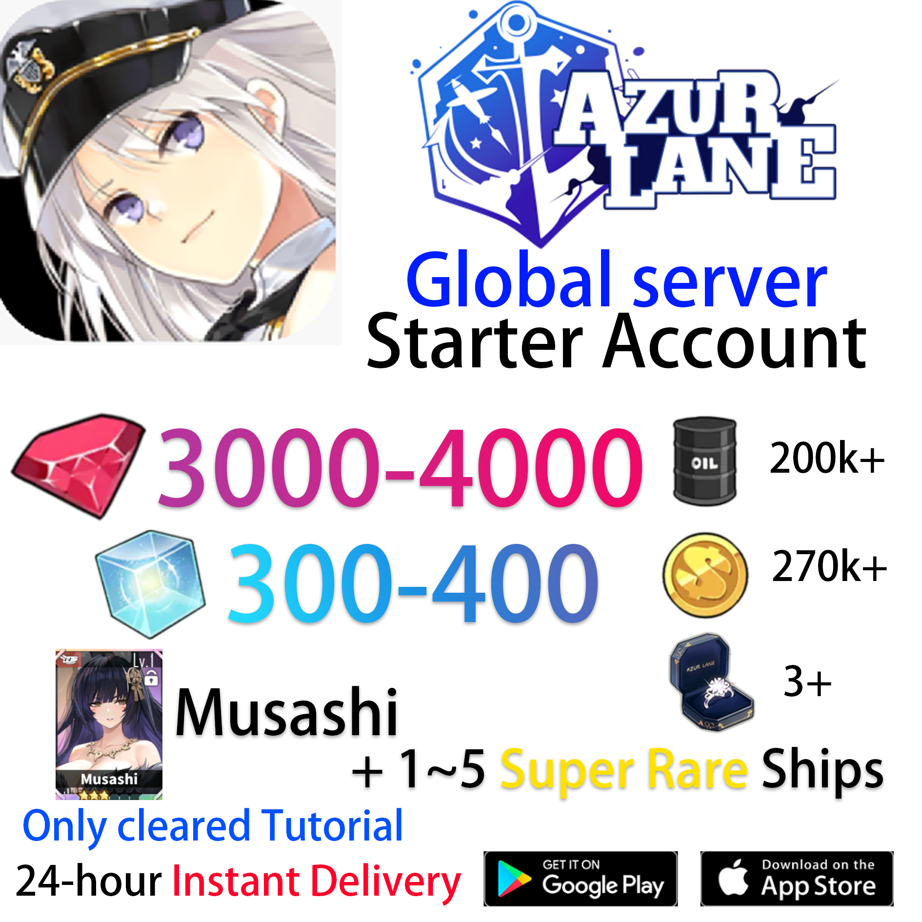 [EN][INSTANT] UR Musashi +Gems +Cubes Azur Lane GLOBAL English Starter Account-Mobile Games Starter