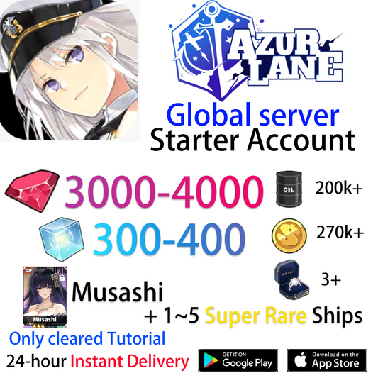 [EN][INSTANT] UR Musashi +Gems +Cubes Azur Lane GLOBAL English Starter Account-Mobile Games Starter