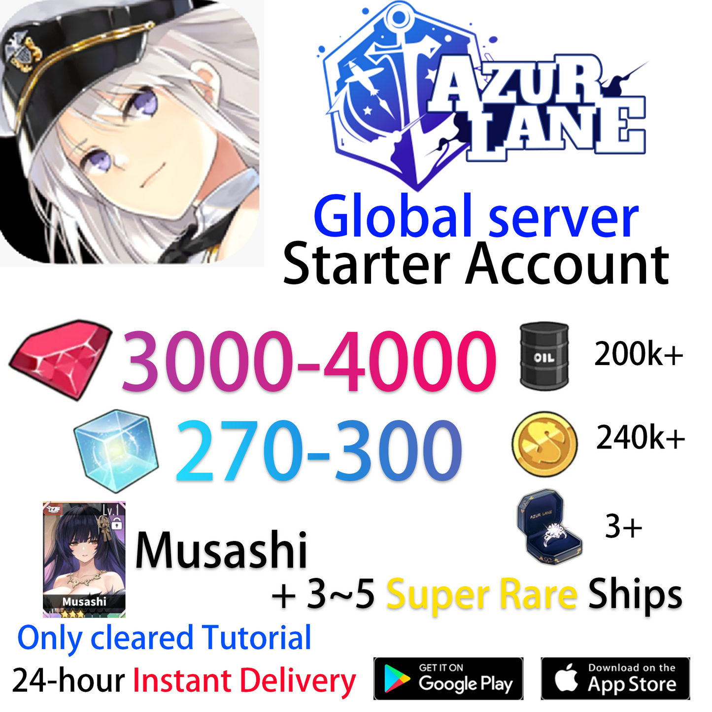 [EN][INSTANT] UR Musashi +Gems +Cubes Azur Lane GLOBAL English Starter Account-Mobile Games Starter