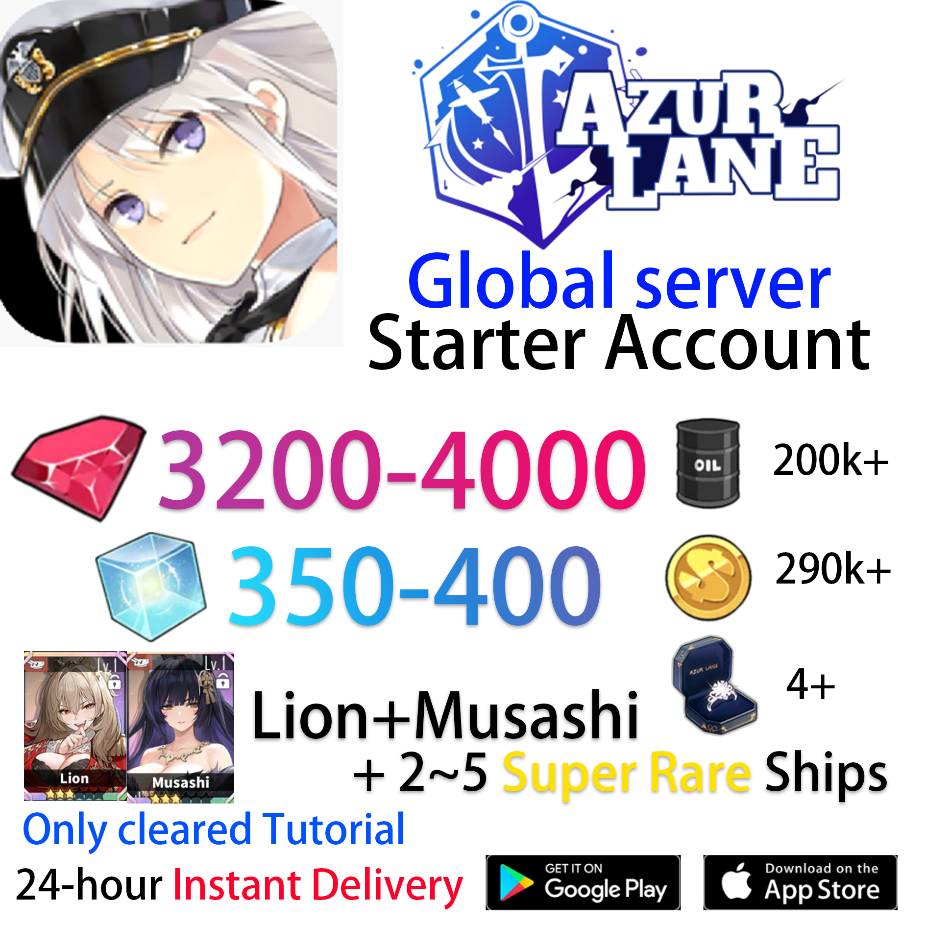 [EN][INSTANT] UR Musashi +Lion +Gems +Cubes Azur Lane GLOBAL English Starter Account-Mobile Games Starter