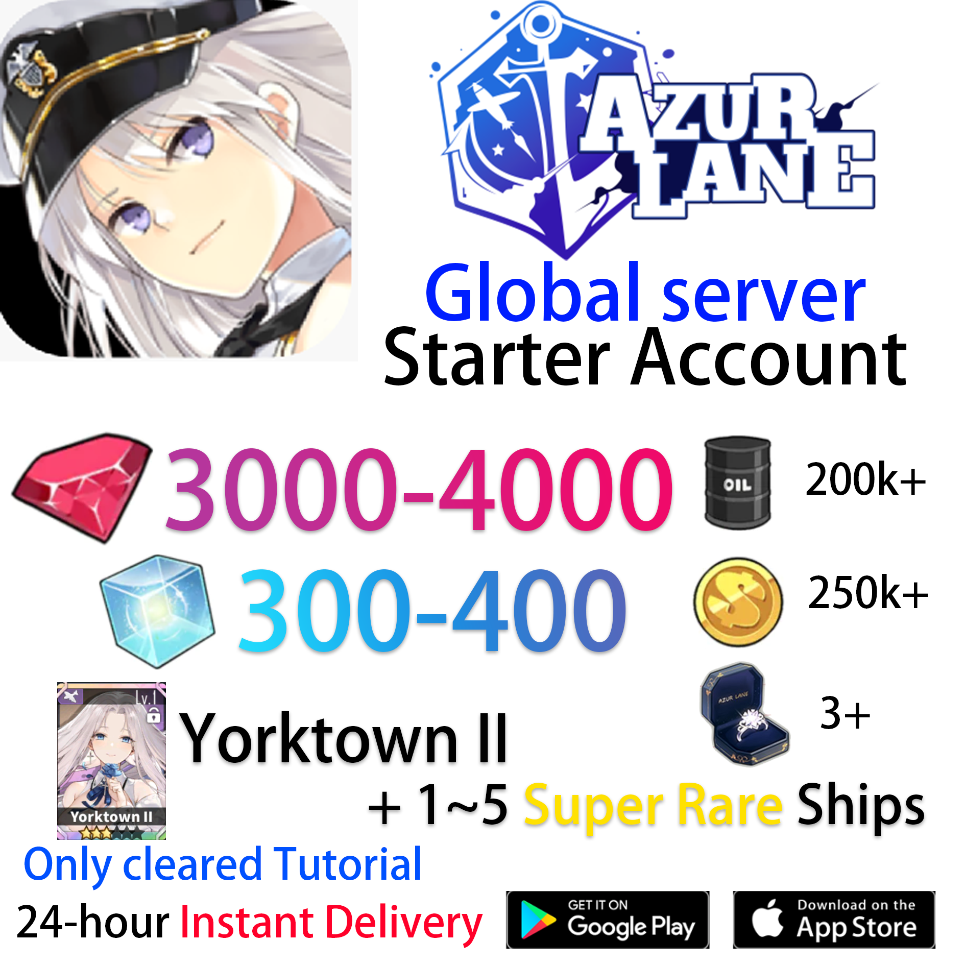 [EN][INSTANT] UR Yorktown II +Gems +Cubes Azur Lane GLOBAL English Starter Account-Mobile Games Starter