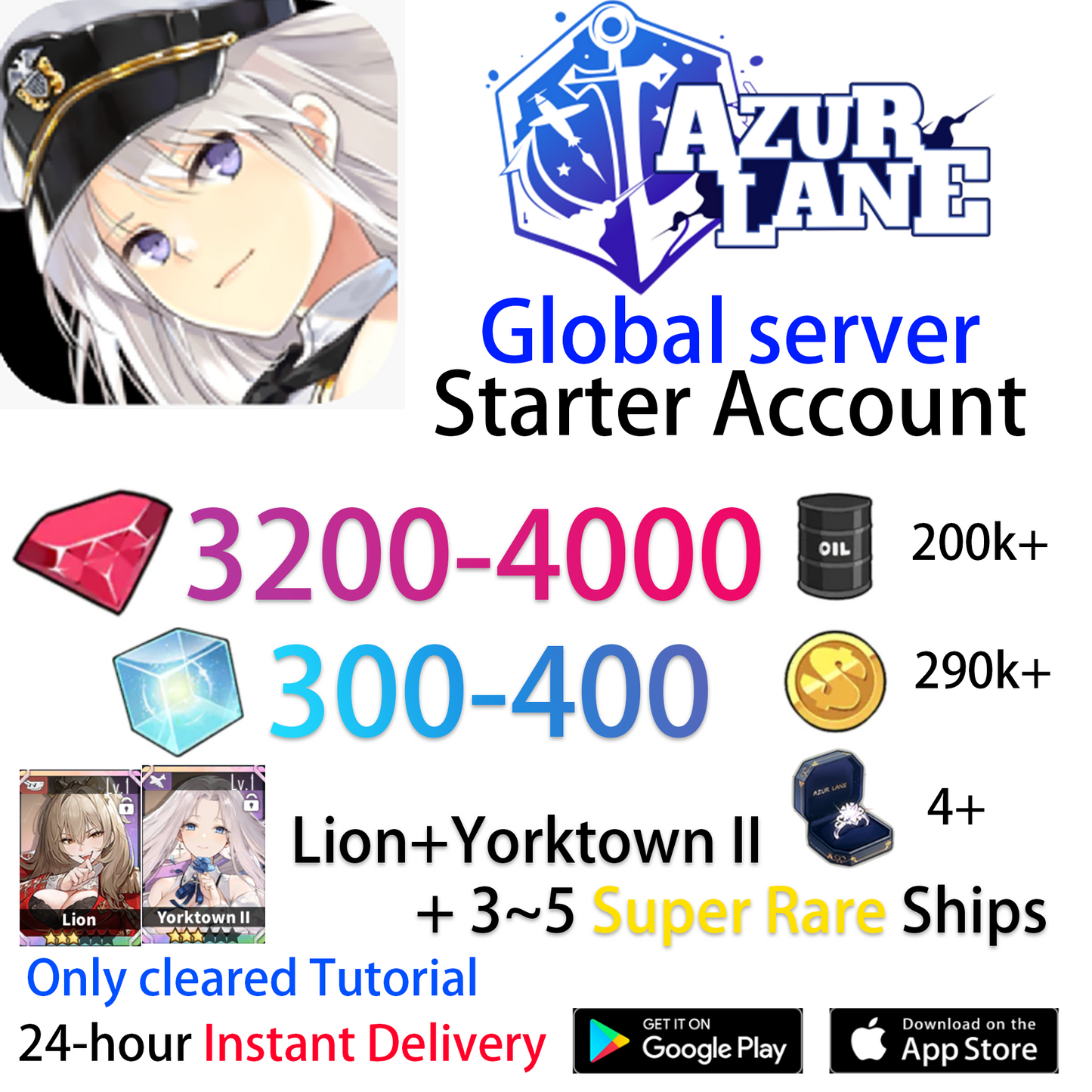 [EN][INSTANT] UR Yorktown II +Lion +Gems +Cubes Azur Lane GLOBAL English Starter Account-Mobile Games Starter