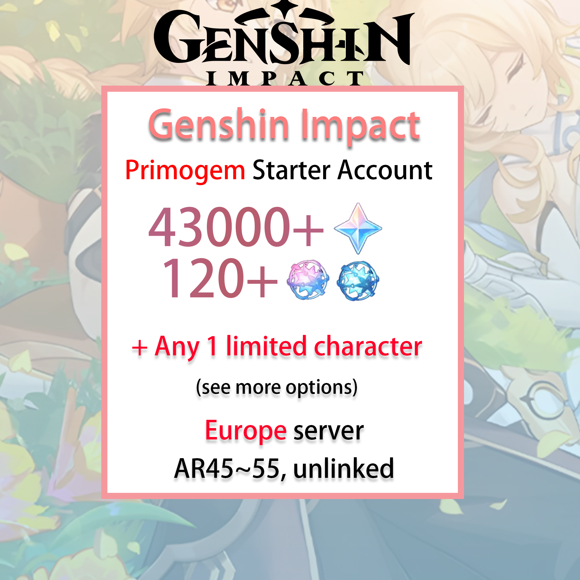 [EU] Any One Limited Character + 30~50k primogems | Wishes Genshin Impact Europe Starter Farmed Account (see options)-Mobile Games Starter