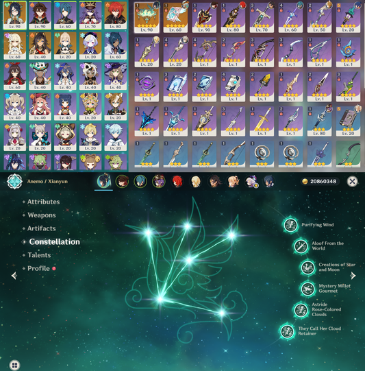 [EU] Genshin Impact C6 Xianyun + BiS Signature Weapon LV90 C6 Gaming AR55 EUROPE Starter Farmed Account-Mobile Games Starter