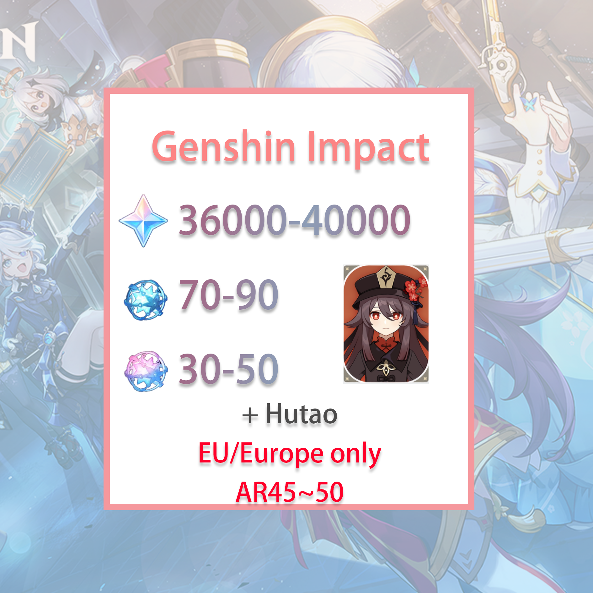 [EU] Genshin Impact Hutao + 36-40k primogems, Wishes EUROPE Starter Account-Mobile Games Starter