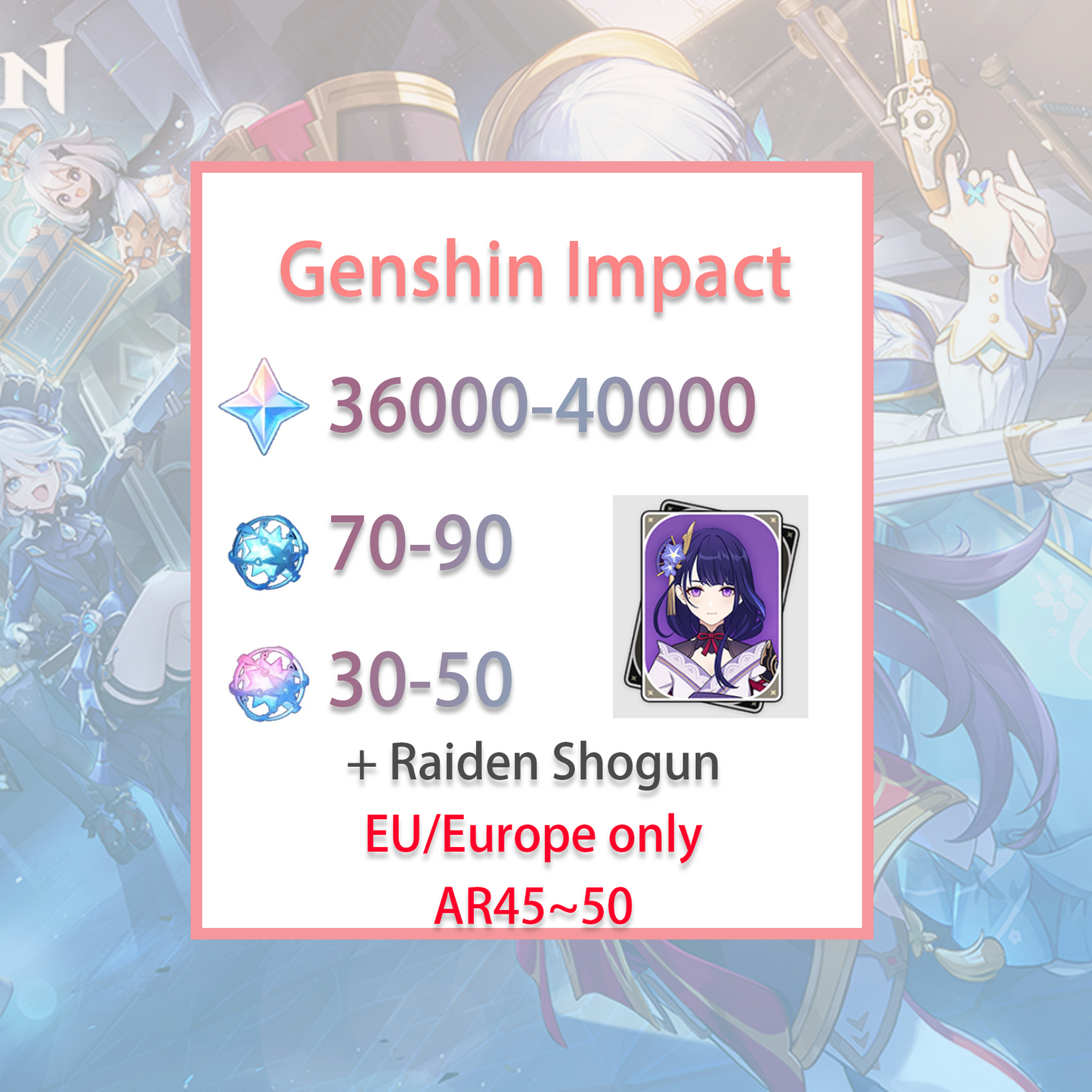 [EU] Genshin Impact Raiden Shogun + 36-40k primogems, Wishes EUROPE Ei Starter Account-Mobile Games Starter
