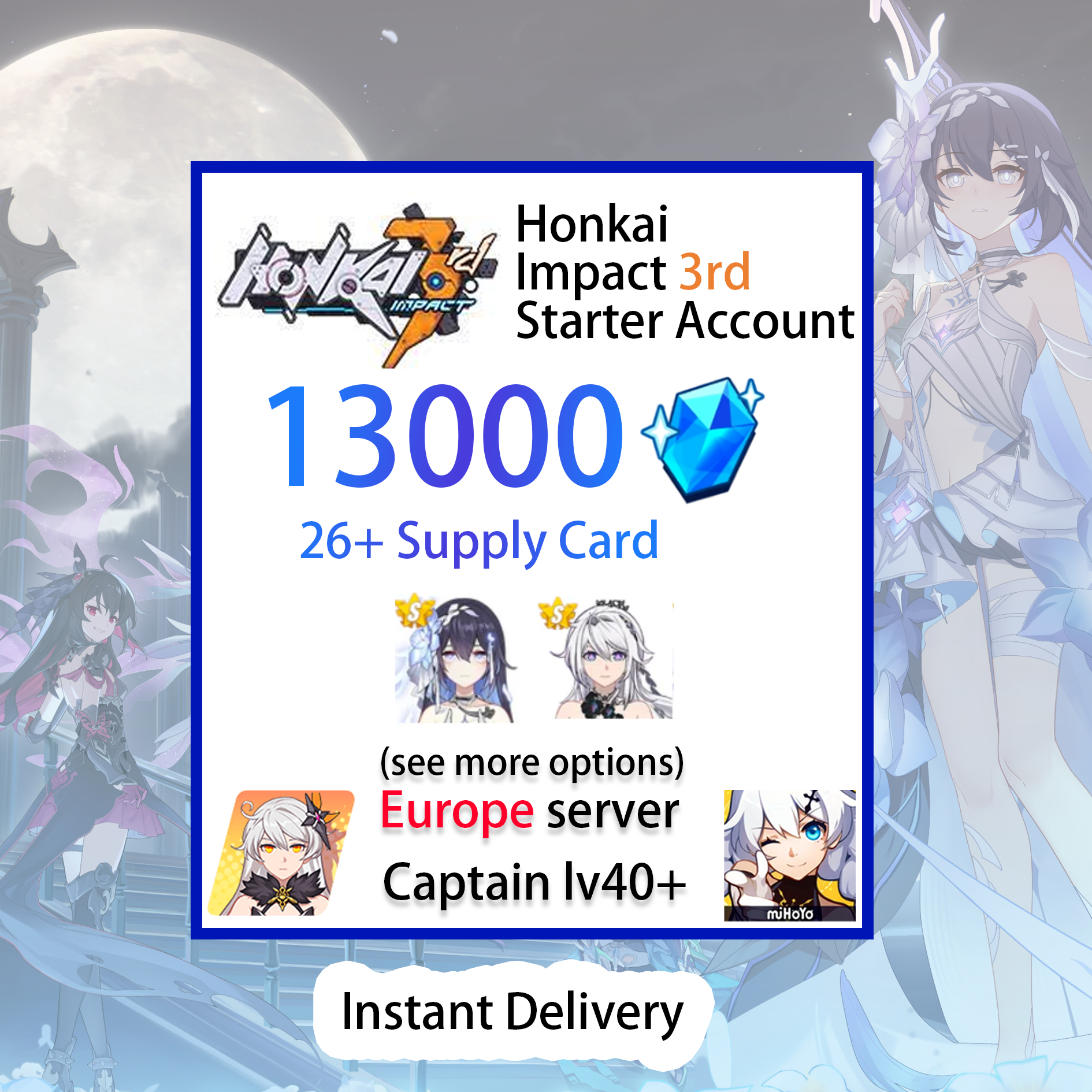 [EUROPE] [INSTANT] 13000+ Crystals | Honkai Impact 3 EU Farmed Starter Account (see options)-Mobile Games Starter