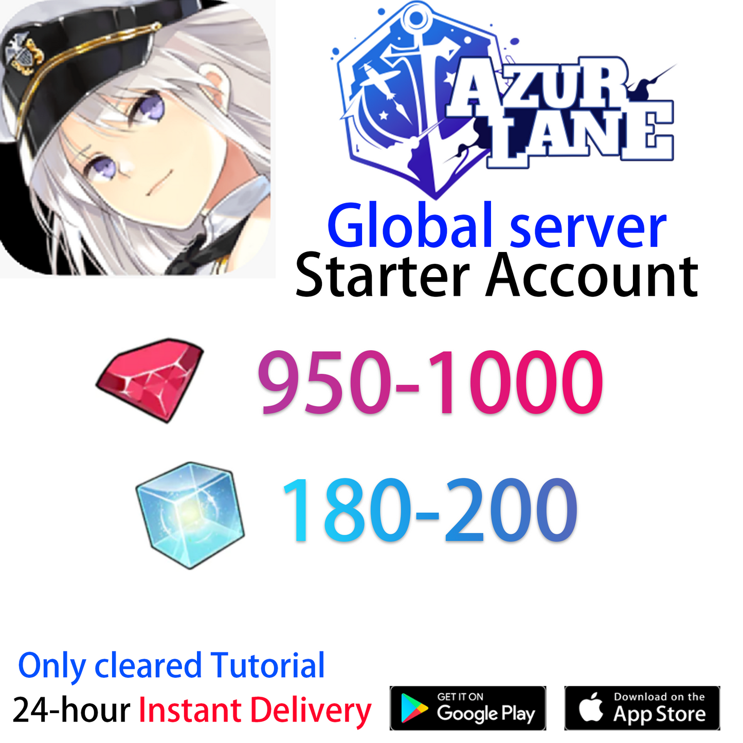 [EN] [INSTANT] 950-1000 Gems + 180-200 Wisdom Cubes Azur Lane GLOBAL English Starter Account