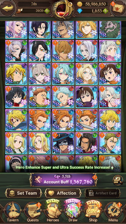 [GLOBAL] 1800 Diamonds + 6/6 Transcendent Ban 2/6 Ultimate Escanor 3/6 Elizabeth 5/6 Purgatory Meliodas++ 7DS Seven Deadly Sins: Grand Cross Resource Starter Account-Mobile Games Starter