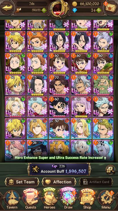 [GLOBAL] 6/6 Ultimate Escanor 6/6 Elizabeth Traitor Purgatory Meliodas Transcendent Ban++ 7DS Seven Deadly Sins: Grand Cross Resource Starter Account-Mobile Games Starter