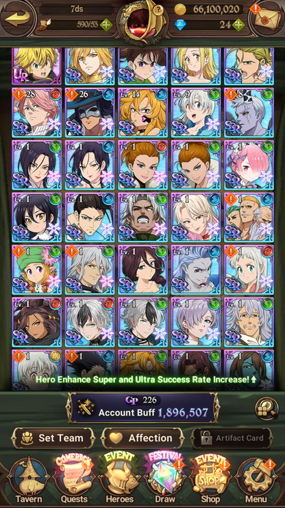 [GLOBAL] 6/6 Ultimate Escanor 6/6 Elizabeth Traitor Purgatory Meliodas Transcendent Ban++ 7DS Seven Deadly Sins: Grand Cross Resource Starter Account-Mobile Games Starter
