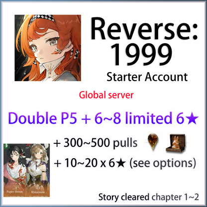 [GLOBAL] Double Portrait LV5 Rhiannon/Paper Heron/Beryl/Nautika/Liang Yue/Lucy/Anjo Nala + 6~8 limited 6★ + 300-500 Unilog | Reverse: 1999 Starter Account (see options)-Mobile Games Starter