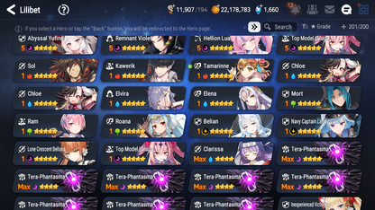 [GLOBAL] Epic 7 Seven 11ML + 27 4★ ML(lots dups) + 30 ML Coin Bystander Hwayoung Hellion Lua Navy Captain Landy Solitaria Top Model Luluca Kise Remnant Violet Cerise Diene+20 speed 10-10 Account-Mobile Games Starter