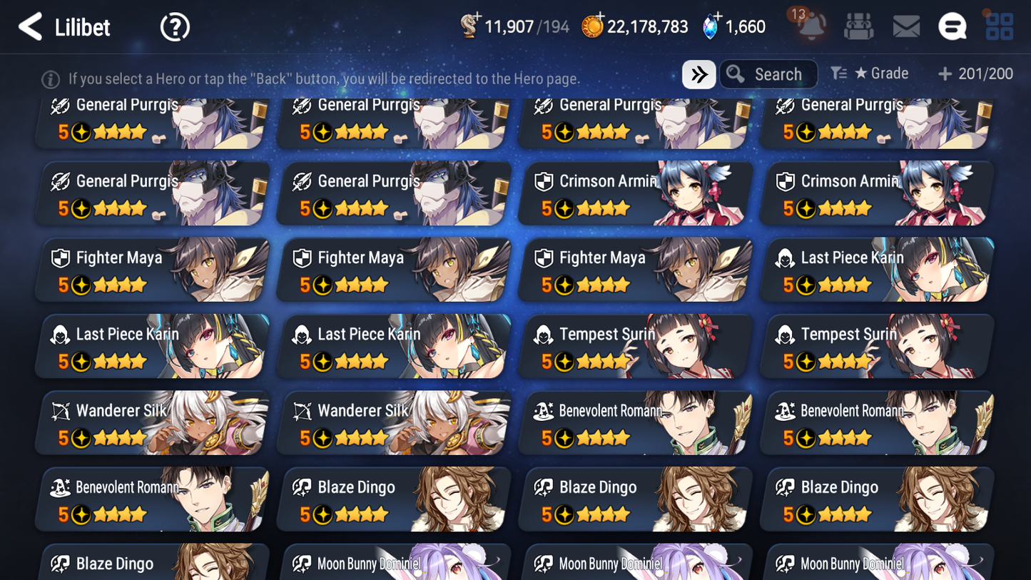 [GLOBAL] Epic 7 Seven 11ML + 27 4★ ML(lots dups) + 30 ML Coin Bystander Hwayoung Hellion Lua Navy Captain Landy Solitaria Top Model Luluca Kise Remnant Violet Cerise Diene+20 speed 10-10 Account-Mobile Games Starter