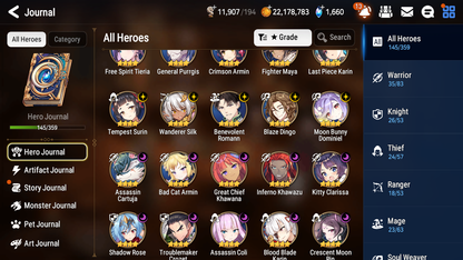 [GLOBAL] Epic 7 Seven 11ML + 27 4★ ML(lots dups) + 30 ML Coin Bystander Hwayoung Hellion Lua Navy Captain Landy Solitaria Top Model Luluca Kise Remnant Violet Cerise Diene+20 speed 10-10 Account-Mobile Games Starter