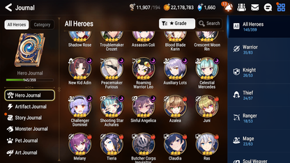 [GLOBAL] Epic 7 Seven 11ML + 27 4★ ML(lots dups) + 30 ML Coin Bystander Hwayoung Hellion Lua Navy Captain Landy Solitaria Top Model Luluca Kise Remnant Violet Cerise Diene+20 speed 10-10 Account-Mobile Games Starter