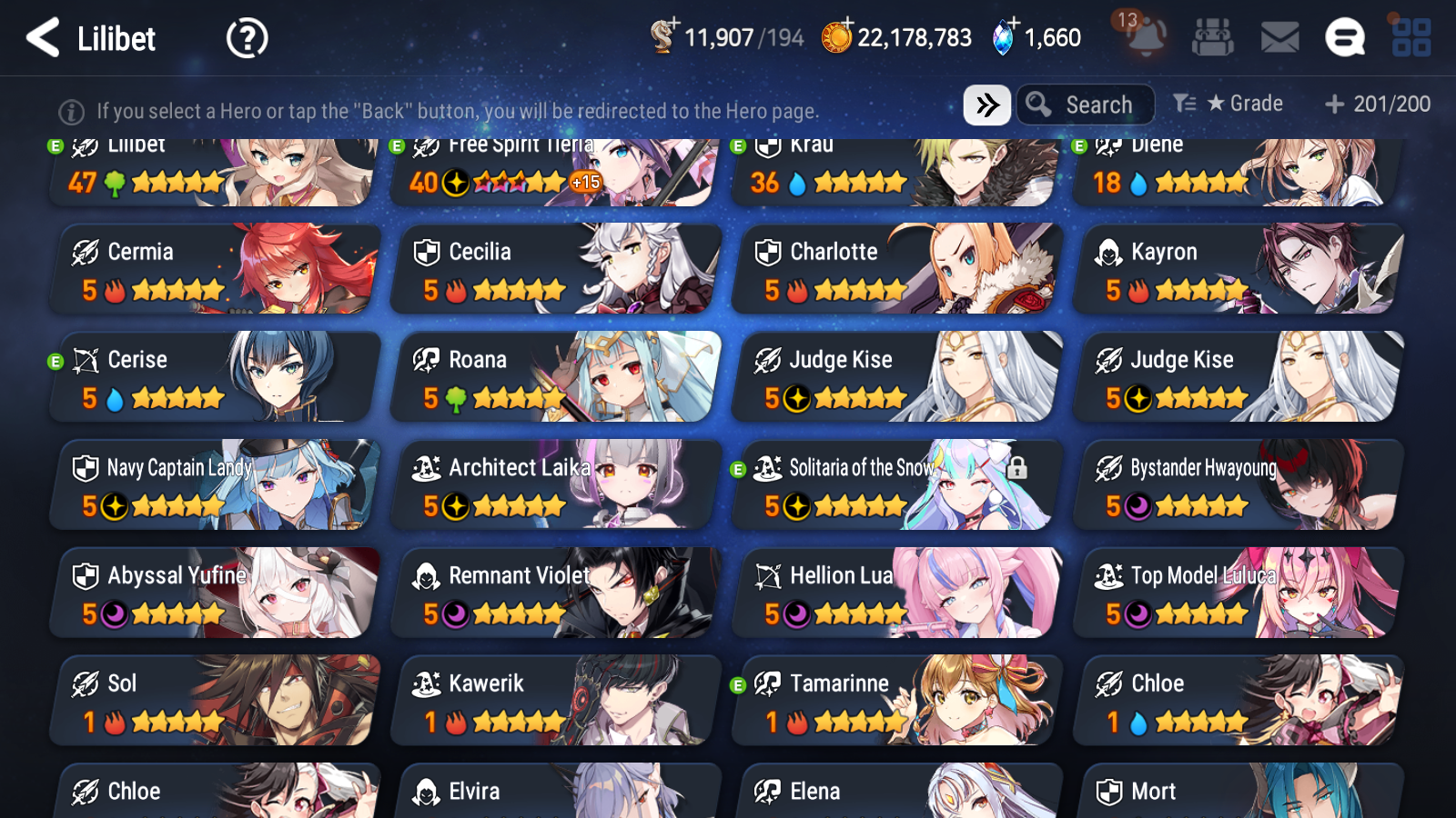 [GLOBAL] Epic 7 Seven 11ML + 27 4★ ML(lots dups) + 30 ML Coin Bystander Hwayoung Hellion Lua Navy Captain Landy Solitaria Top Model Luluca Kise Remnant Violet Cerise Diene+20 speed 10-10 Account-Mobile Games Starter