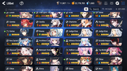 [GLOBAL] Epic 7 Seven 11ML + 27 4★ ML(lots dups) + 30 ML Coin Bystander Hwayoung Hellion Lua Navy Captain Landy Solitaria Top Model Luluca Kise Remnant Violet Cerise Diene+20 speed 10-10 Account-Mobile Games Starter