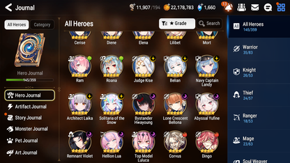 [GLOBAL] Epic 7 Seven 11ML + 27 4★ ML(lots dups) + 30 ML Coin Bystander Hwayoung Hellion Lua Navy Captain Landy Solitaria Top Model Luluca Kise Remnant Violet Cerise Diene+20 speed 10-10 Account-Mobile Games Starter