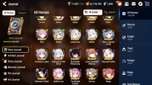 [GLOBAL] Epic 7 Seven 11ML + 27 4★ ML(lots dups) + 30 ML Coin Bystander Hwayoung Hellion Lua Navy Captain Landy Solitaria Top Model Luluca Kise Remnant Violet Cerise Diene+20 speed 10-10 Account-Mobile Games Starter