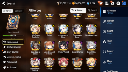 [GLOBAL] Epic 7 Seven 12ML + 27 4★ ML New Moon Luna Conqueror Lilias Belian Lone Crescent Bellona +20 speed++ 10-10 Account-Mobile Games Starter