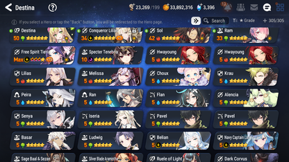 [GLOBAL] Epic 7 Seven 12ML + 31 4★ ML(lots dups) + 20 ML Coin Navy Captain Landy Conqueror Lilias Belian Ray+20 speed etc +Name 10-10 Account-Mobile Games Starter