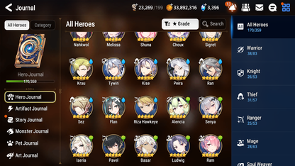 [GLOBAL] Epic 7 Seven 12ML + 31 4★ ML(lots dups) + 20 ML Coin Navy Captain Landy Conqueror Lilias Belian Ray+20 speed etc +Name 10-10 Account-Mobile Games Starter