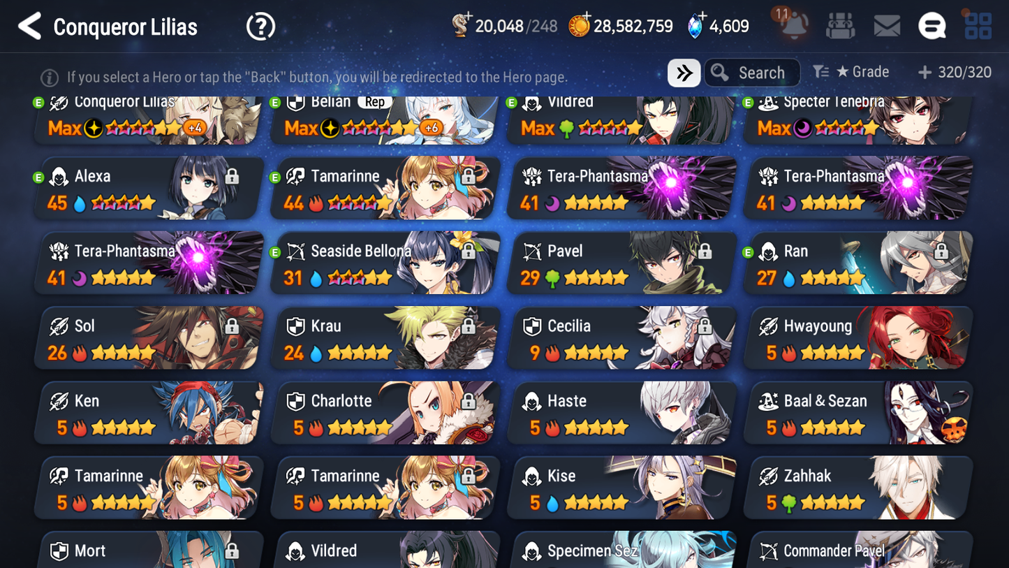 [GLOBAL] Epic 7 Seven 12ML + 34 4★ ML(lots dups) + 40 ML Coin Navy Captain Landy Sea Phantom Politis Bystander Hwayoung Belian Requiem Roana Conqueror Lilias Specimen Sez Ludwig Iseria Tenebria Pavel+20 speed + Name 10-10 Account-Mobile Games Starter