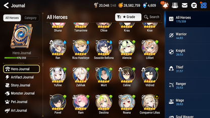 [GLOBAL] Epic 7 Seven 12ML + 34 4★ ML(lots dups) + 40 ML Coin Navy Captain Landy Sea Phantom Politis Bystander Hwayoung Belian Requiem Roana Conqueror Lilias Specimen Sez Ludwig Iseria Tenebria Pavel+20 speed + Name 10-10 Account-Mobile Games Starter