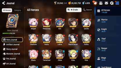 [GLOBAL] Epic 7 Seven 12ML + 34 4★ ML(lots dups) + 40 ML Coin Navy Captain Landy Sea Phantom Politis Bystander Hwayoung Belian Requiem Roana Conqueror Lilias Specimen Sez Ludwig Iseria Tenebria Pavel+20 speed + Name 10-10 Account-Mobile Games Starter